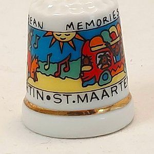 St Martin - Caribbean Memories Souvenir Porcelain Colorful Thimble Gold Band